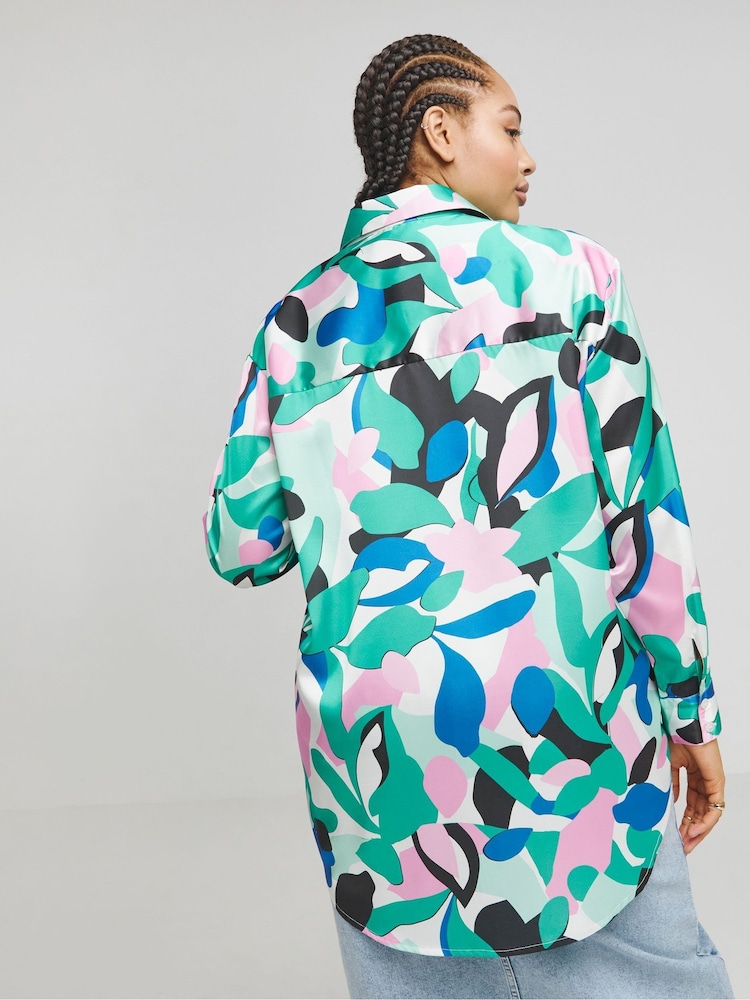 Simply Be Green Oversized Satin Shirt - Image 2 of 4