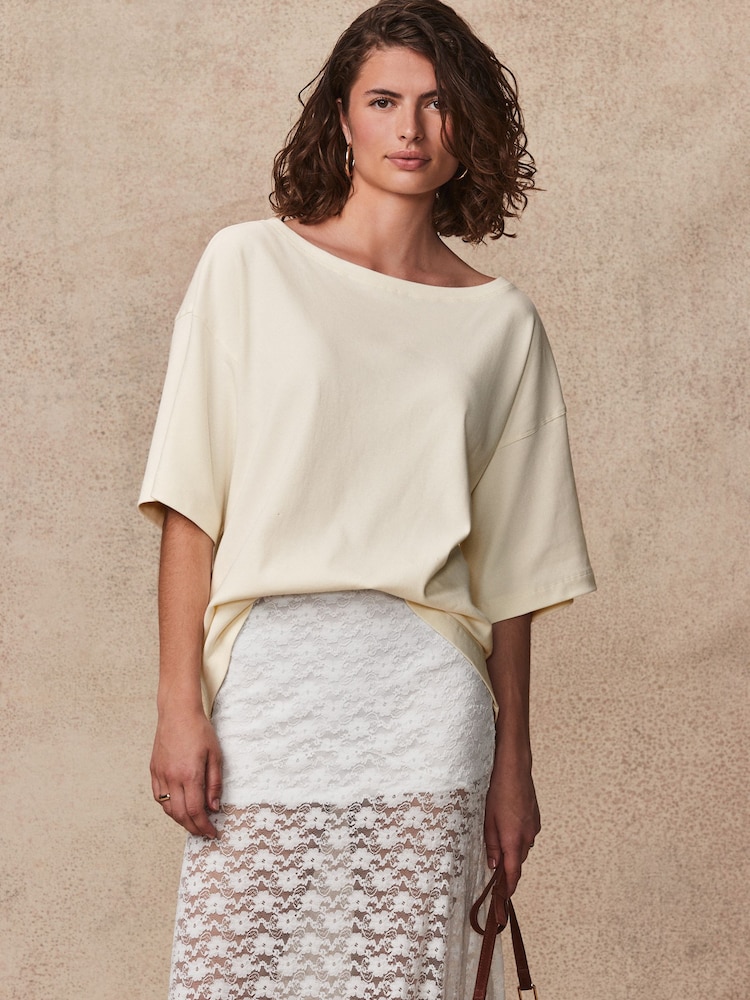 Blanc écru - Coupe décontractée Boxy 100% Cotton Slouch Shoulder T-shirt - Image 1 de 6
