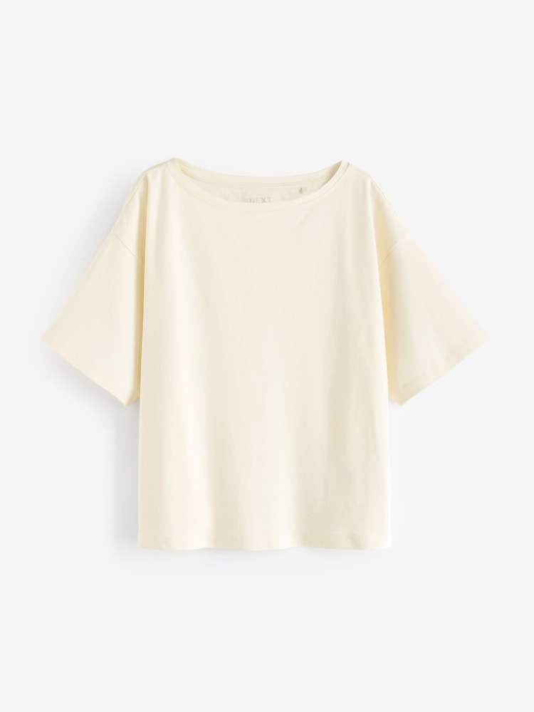 Ecru wit - Ruimvallend recht 100% katoenen T-shirt met losvallende schouder - Image 5 of 6