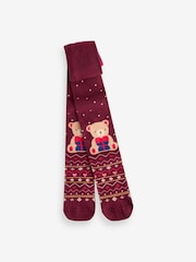 Dark Red Teddy Bear Cotton Rich Christmas Character Tights - Image 1 of 3
