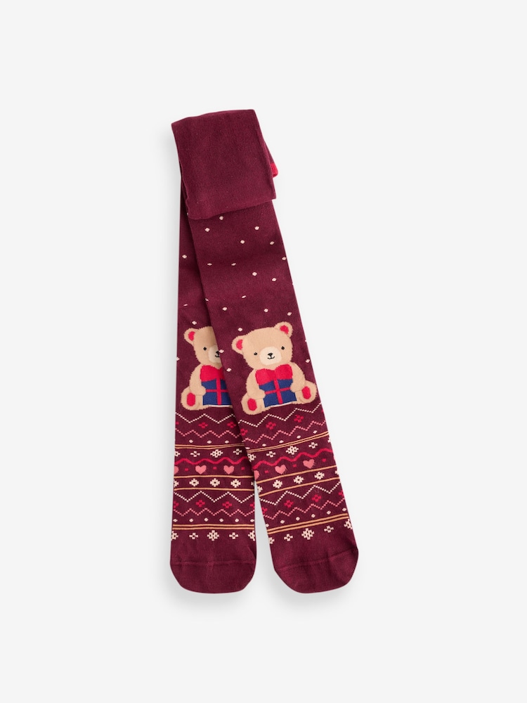 Dark Red Teddy Bear Cotton Rich Christmas Character Tights - Image 1 of 3