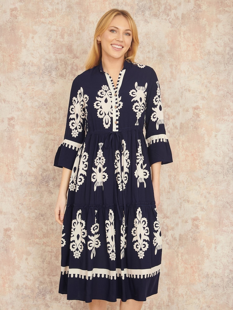 Yumi Blue Viscose Midi Dress With Long Sleeves - Image 1 of 4