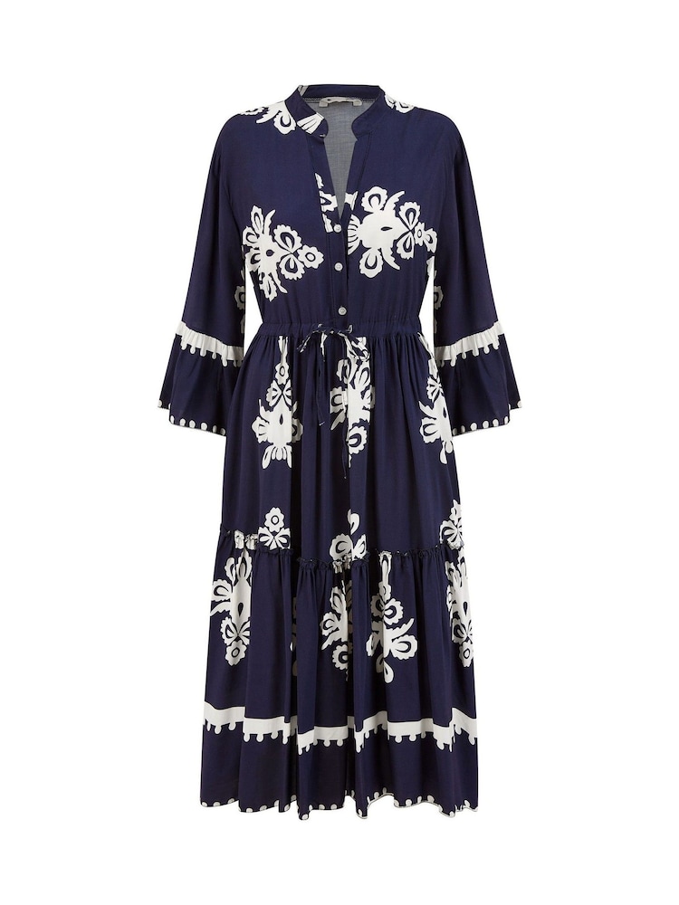 Yumi Blue Viscose Midi Dress With Long Sleeves - Image 4 of 4