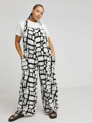 Simply Be Black Mono Print Crinkle Wide Leg Jumpsuit - Image 1 of 4