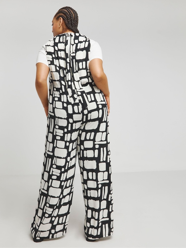 Simply Be Black Mono Print Crinkle Wide Leg Jumpsuit - Image 2 of 4
