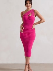 Club L London Fuchsia Pink Bellini Asymmetric Ruched Midi Dress - Image 1 of 5