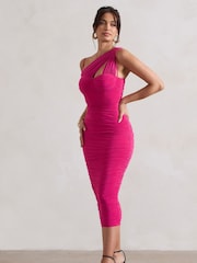 Club L London Fuchsia Pink Bellini Asymmetric Ruched Midi Dress - Image 2 of 5