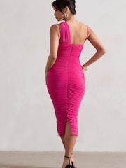 Club L London Fuchsia Pink Bellini Asymmetric Ruched Midi Dress - Image 5 of 5
