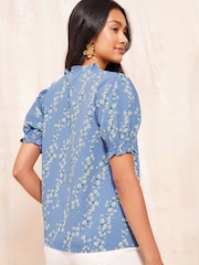 Friends Like These Blue Floral Short Sleeve Woven Tie Neck Blouse - Image 2 of 4