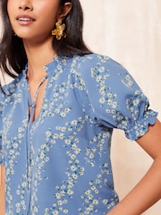 Friends Like These Blue Floral Short Sleeve Woven Tie Neck Blouse - Image 4 of 4