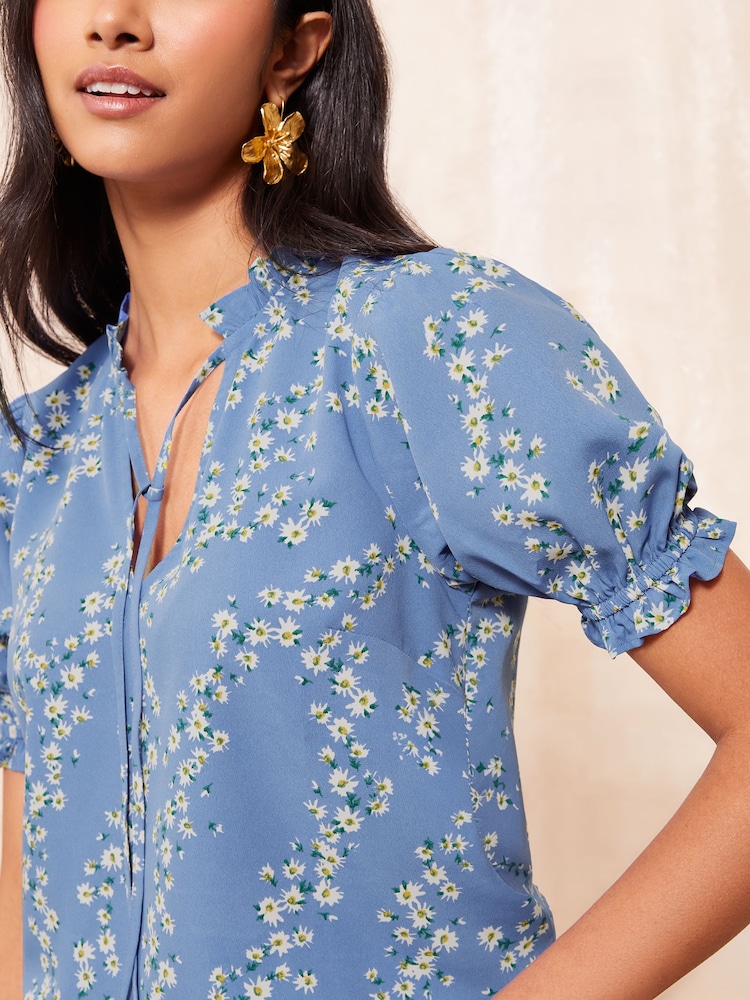 Friends Like These Blue Floral Short Sleeve Woven Tie Neck Blouse - Image 4 of 4