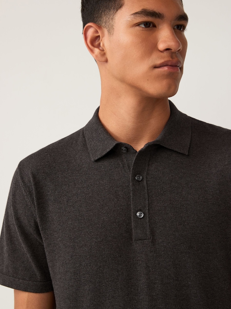 Dark Stone Slim Fit Knitted Polo Shirt - Image 1 of 7