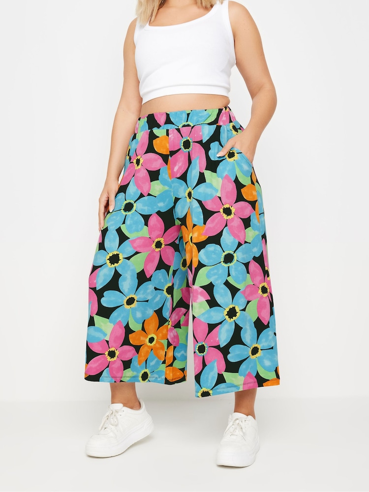 Yours Curve Blue & Pink Floral Print Midaxi Culottes - Image 1 of 5