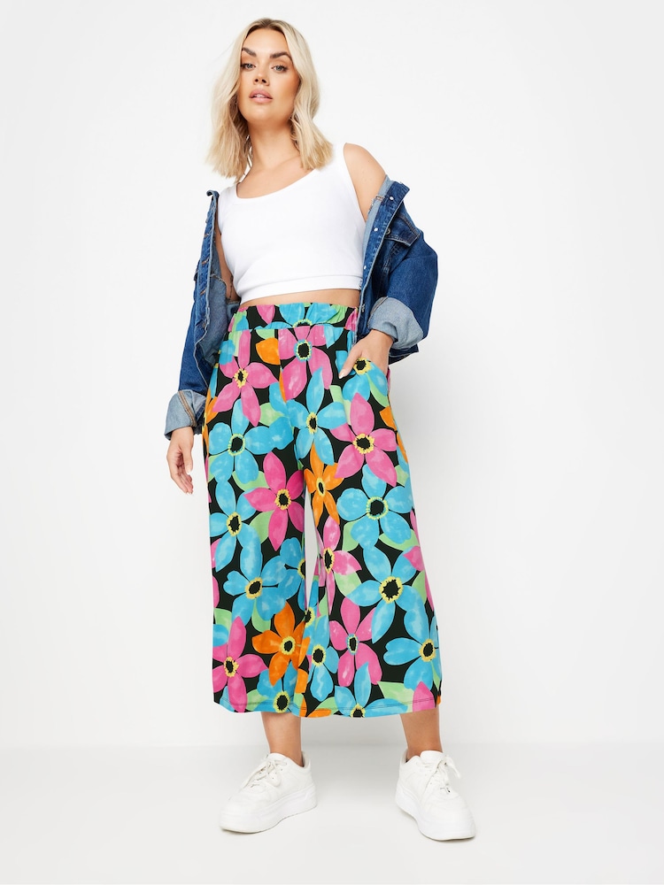 Yours Curve Blue & Pink Floral Print Midaxi Culottes - Image 2 of 5
