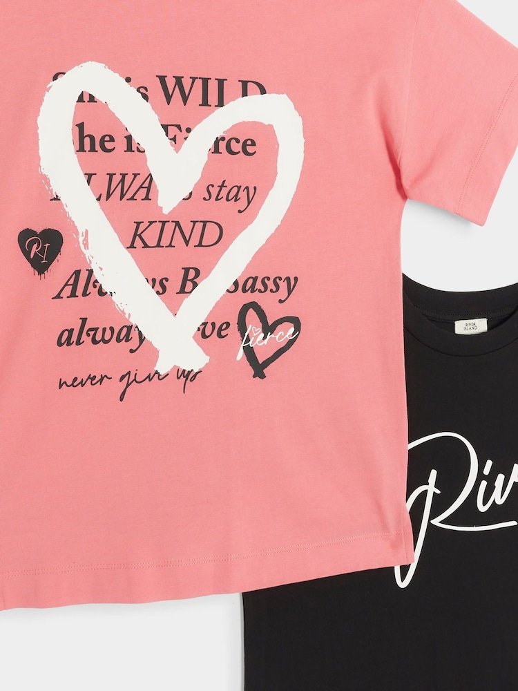 River Island Pink Girls Regular Fit 100% Cotton T-Shirts 2 Pack - Image 2 of 3