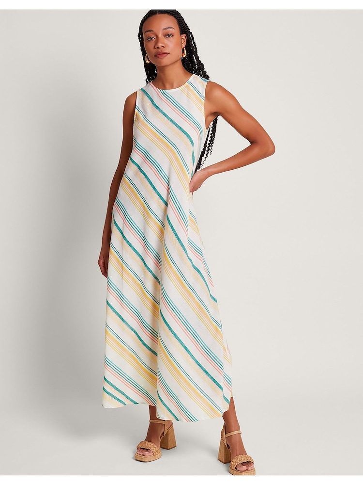 Monsoon Multi Aubree Stripe Dress in Linen Blend - Image 2 of 6 Monsoon Multi Aubree Stripe Dress in Linen Blend - Image 2 of 6