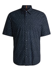 Синий - BOSS Regular Fit Short Sleeve 100% Cotton Printed Poplin Shirt - Изображение 6 из 6