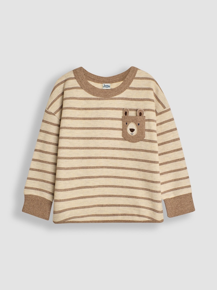 JoJo Maman Bébé Natural Stripe Bear Appliqué Pocket Top - Image 1 of 6