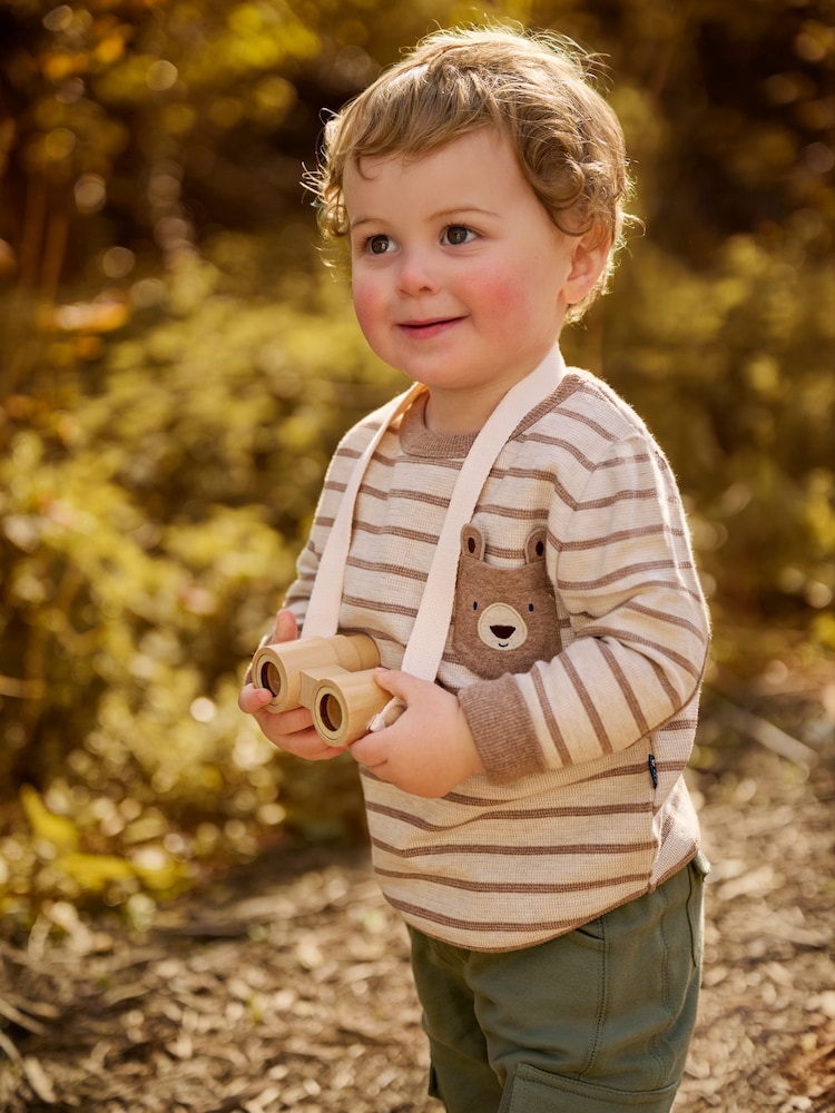 JoJo Maman Bébé Natural Stripe Bear Appliqué Pocket Top - Image 6 of 6