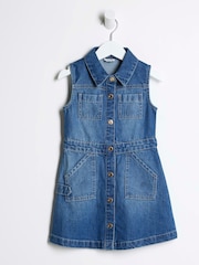 River Island Blue Girls 100% Cotton Denim Pinafore Dress - Image 1 of 4