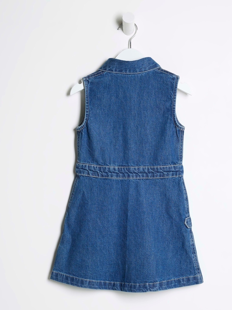 River Island Blue Girls 100% Cotton Denim Pinafore Dress - Image 2 of 4