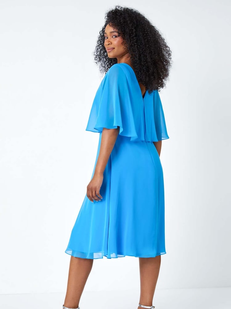 Roman Blue Petite Sequin Trim Chiffon Cape Dress - Image 3 of 5