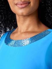 Roman Blue Petite Sequin Trim Chiffon Cape Dress - Image 5 of 5