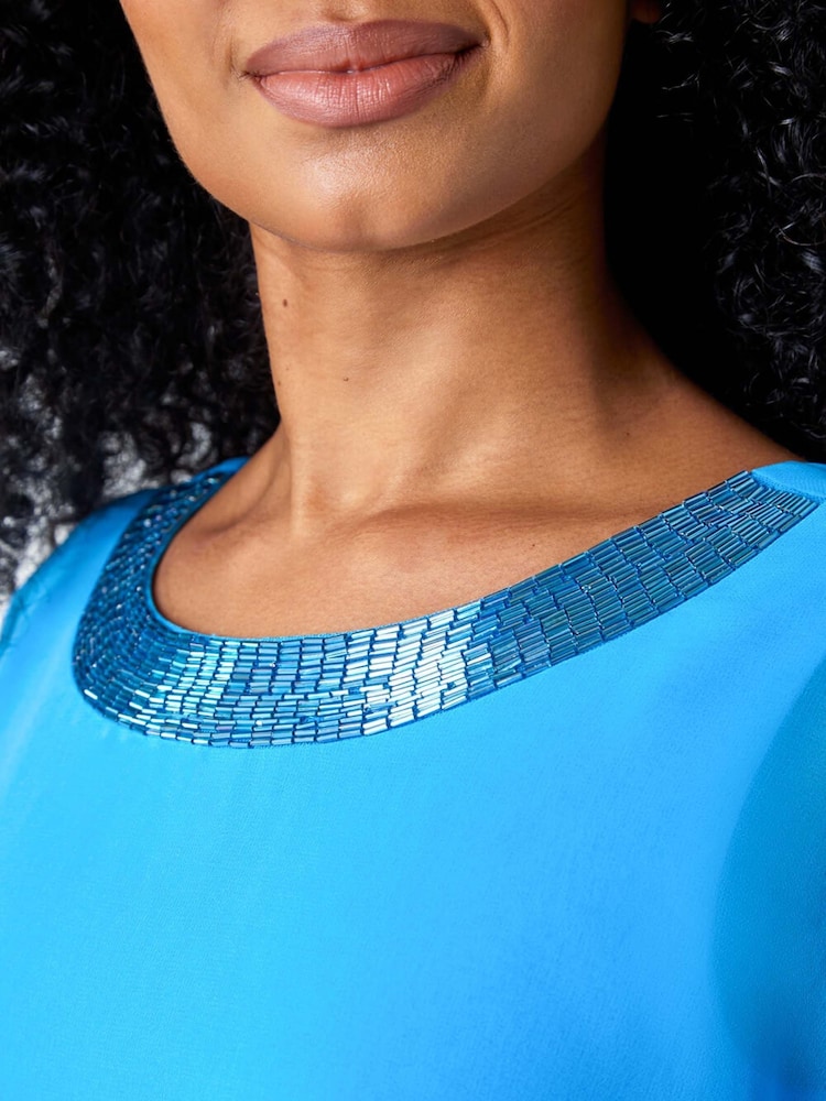 Roman Blue Petite Sequin Trim Chiffon Cape Dress - Image 5 of 5