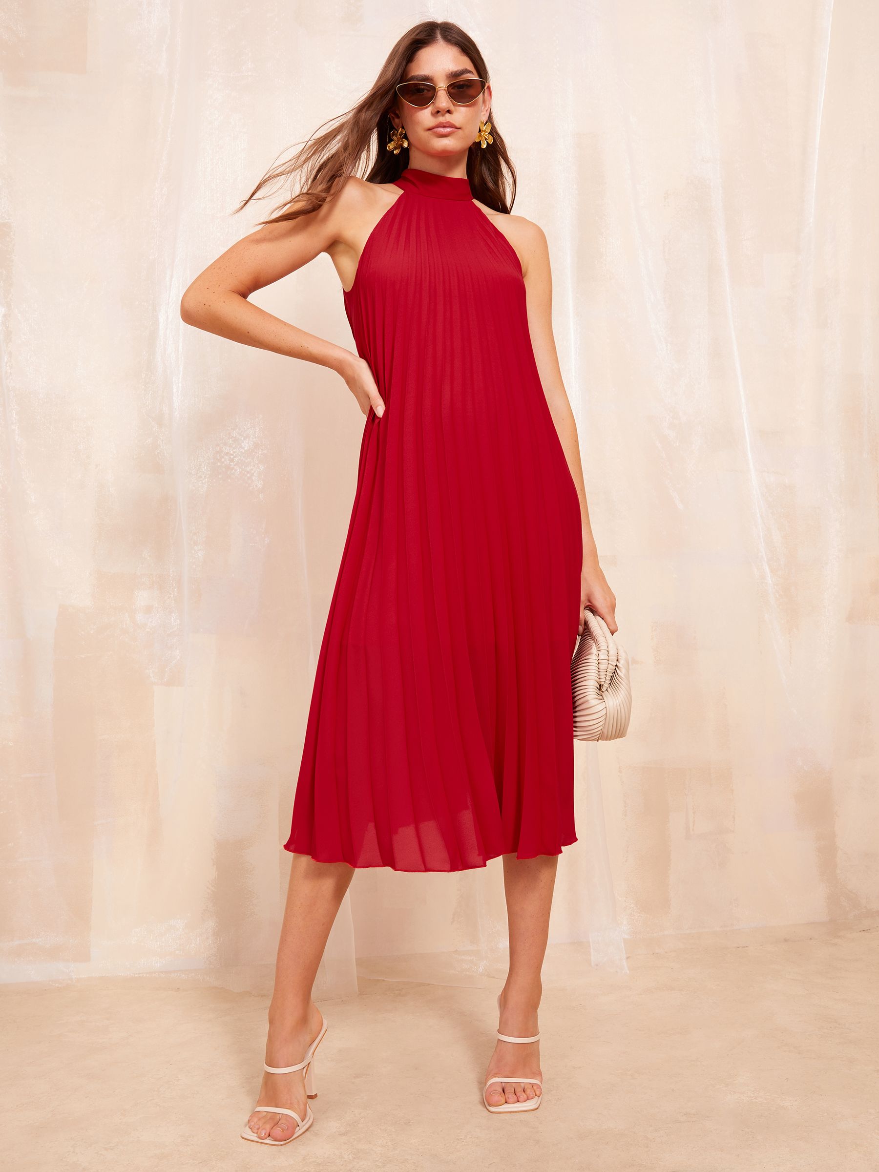 Red halter neck midi dress outlet