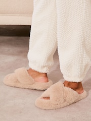 Lipsy Beige Cross Strap Super Soft Faux Fur Nightwear Slippers - Image 1 of 1