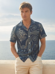 Reiss Navy/White Kalid Reiss | Ché Printed Cuban Collar Shirt