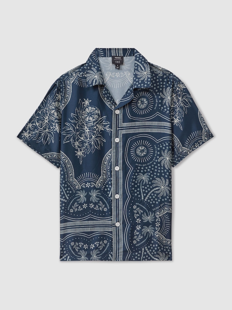 Reiss Navy/White Kalid Reiss | Ché Printed Cuban Collar Shirt
