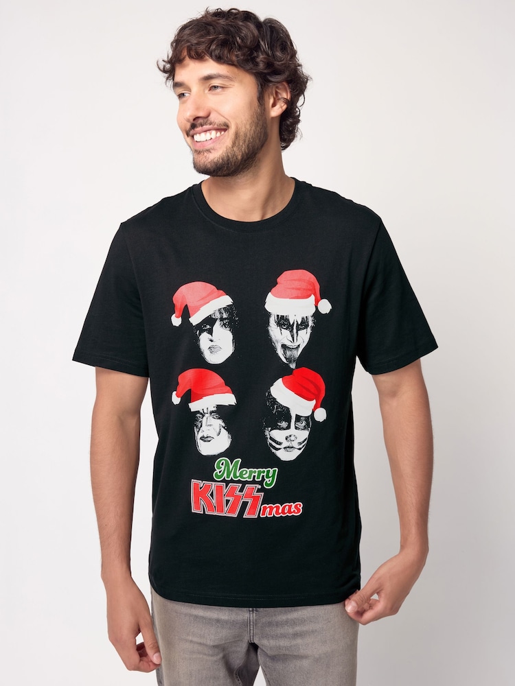 KISS Black 100% Cotton Licence Christmas T-Shirt - Image 1 of 7