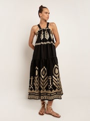Greek Archaic Kori Black Embroidered 100% Linen Halterneck Maxi Dress - Image 1 of 4