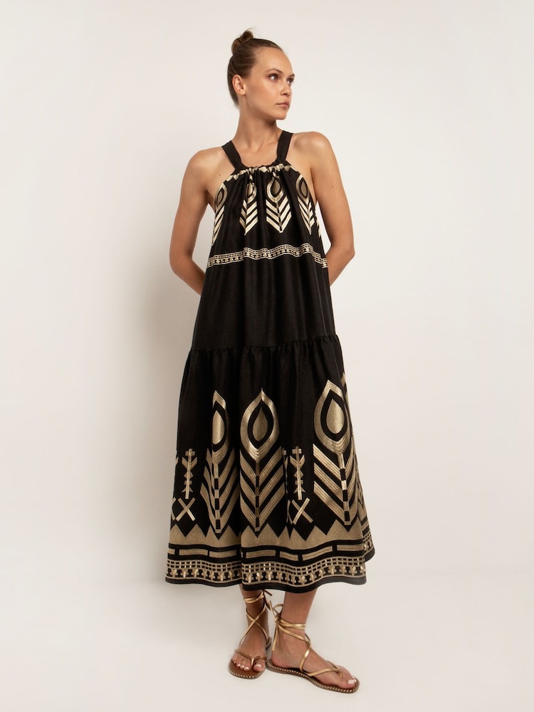 Greek Archaic Kori Black Embroidered 100% Linen Halterneck Maxi Dress - Image 1 of 4