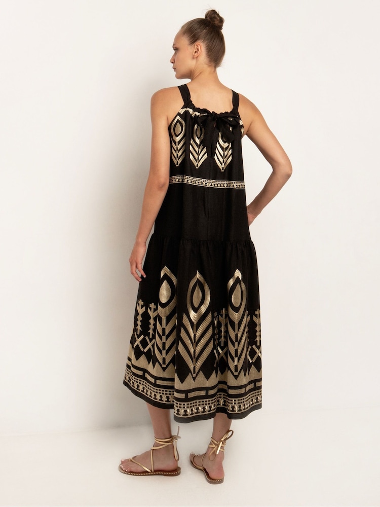 Greek Archaic Kori Black Embroidered 100% Linen Halterneck Maxi Dress - Image 2 of 4