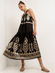 Greek Archaic Kori Black Embroidered 100% Linen Halterneck Maxi Dress - Image 3 of 4