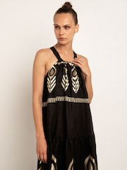 Greek Archaic Kori Black Embroidered 100% Linen Halterneck Maxi Dress - Image 4 of 4