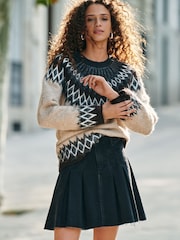Black 100% Cotton Pleated Denim Mini Skirt - Image 1 of 5