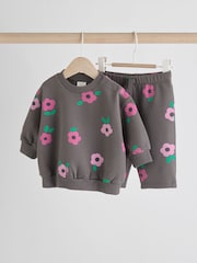 Grey/Pink Flower Print Baby Sweatshirt and Joggers Set - Image 5 of 16