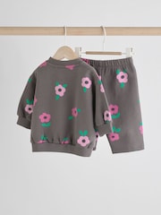 Grey/Pink Flower Print Baby Sweatshirt and Joggers Set - Image 6 of 16