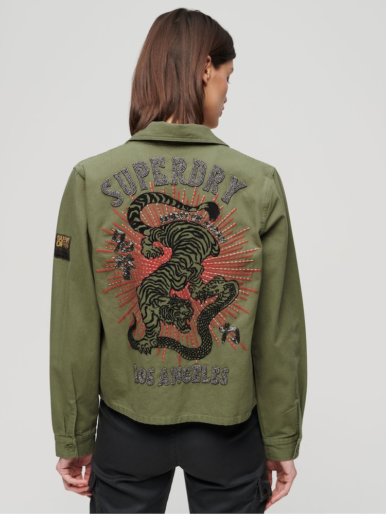 Superdry Green 100% Cotton Embellished Military Jacket - Image 3 of 6