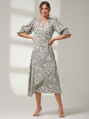 Jolie Moi White Puff Sleeve Wrap Midi Dress - Image 1 of 6