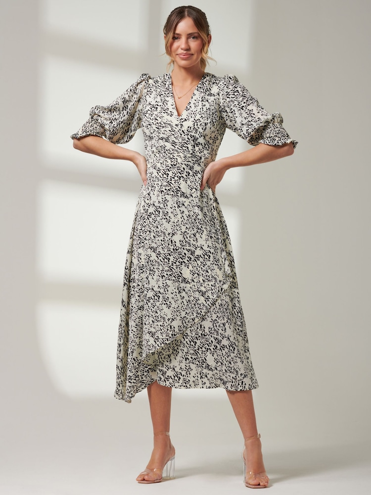 Jolie Moi White Puff Sleeve Wrap Midi Dress - Image 1 of 6