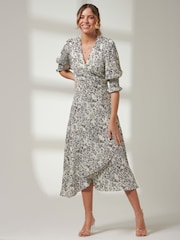 Jolie Moi White Puff Sleeve Wrap Midi Dress - Image 6 of 6