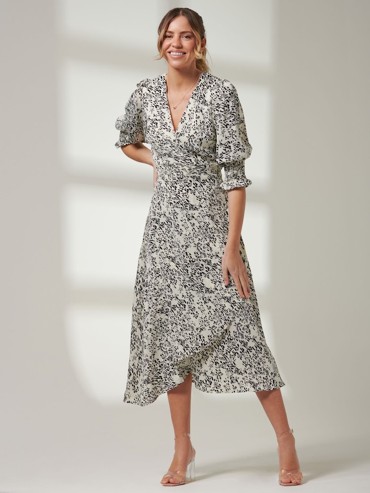 Jolie Moi White Puff Sleeve Wrap Midi Dress - Image 6 of 6 Jolie Moi White Puff Sleeve Wrap Midi Dress - Image 6 of 6