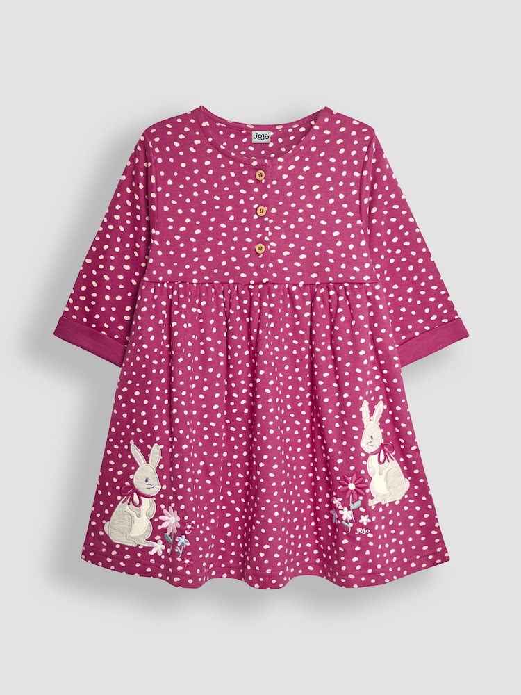JoJo Maman Bébé Raspberry Pink Bunny Appliqué Button Front Dress - Image 1 of 3