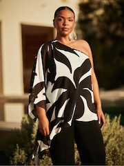 Live Unlimited Black Curve Geo Print One Shoulder Overlay Top - Image 6 of 7