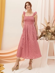 FatFace Kadiri Pink Shirred Midi Dress - Image 1 of 6