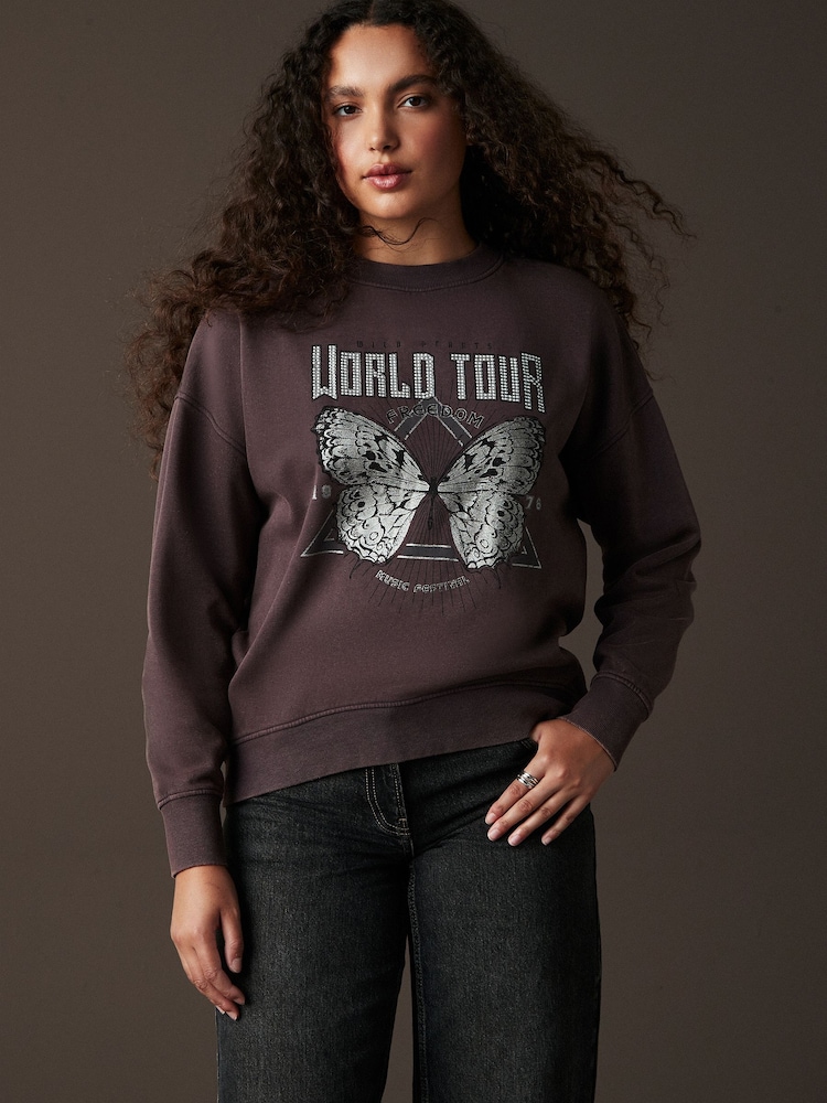 Purple Washed Purple Dropped Should Crew Neck Butterfly Tour Graphic Sweatshirt - Image 1 of 7